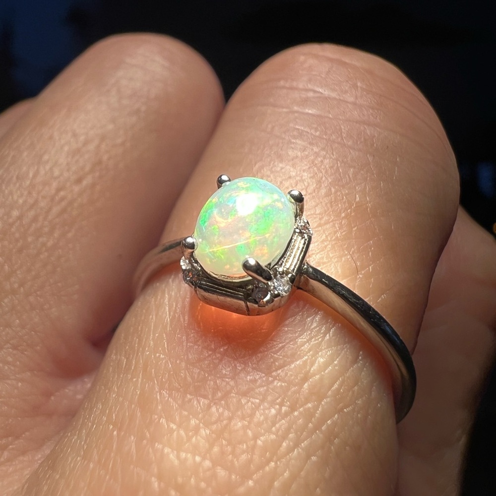 Unique Bargains Adjustable Dainty Silver Opal Ring